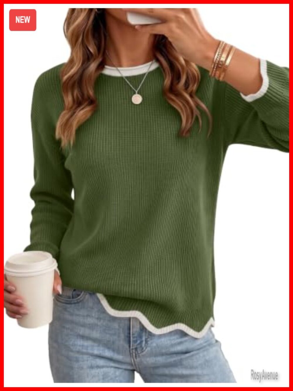 Womens Crewneck Long Sleeve Knit Pullover Sweater Scalloped Hem
